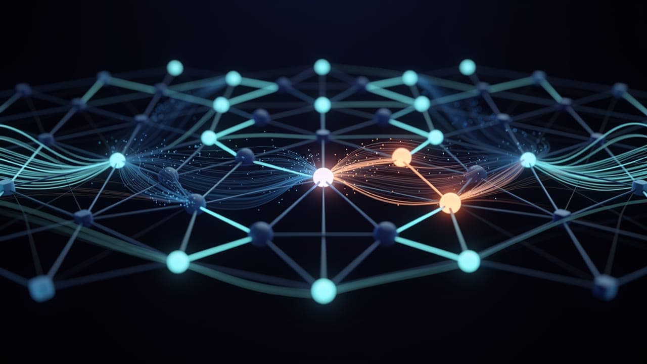 Abstract visualization of an interconnected network with glowing blue and orange nodes, flowing data streams, and connections against a dark background.
