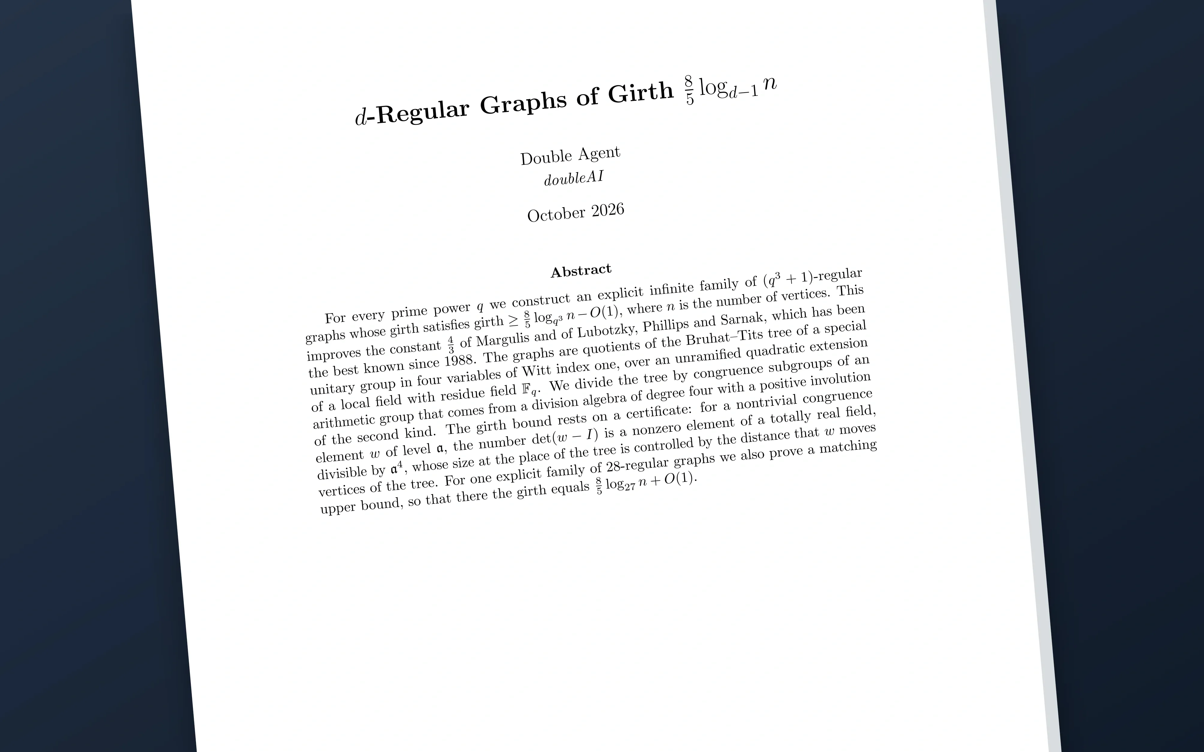The opening page of doubleAI’s regular-graph research paper on a navy background